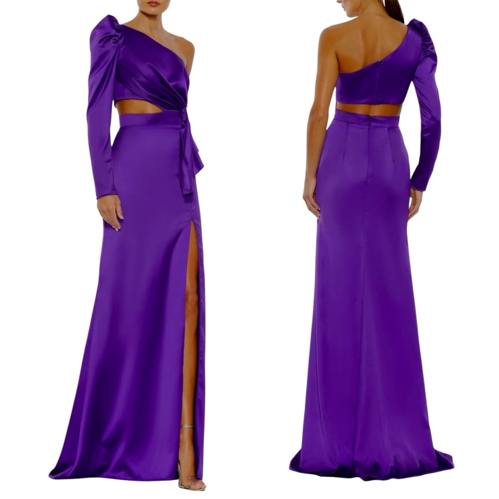 NWOT Mac Duggal 49570 Purple One-Shoulder Puff Sleeve Cut-Out Maxi Gown Dress